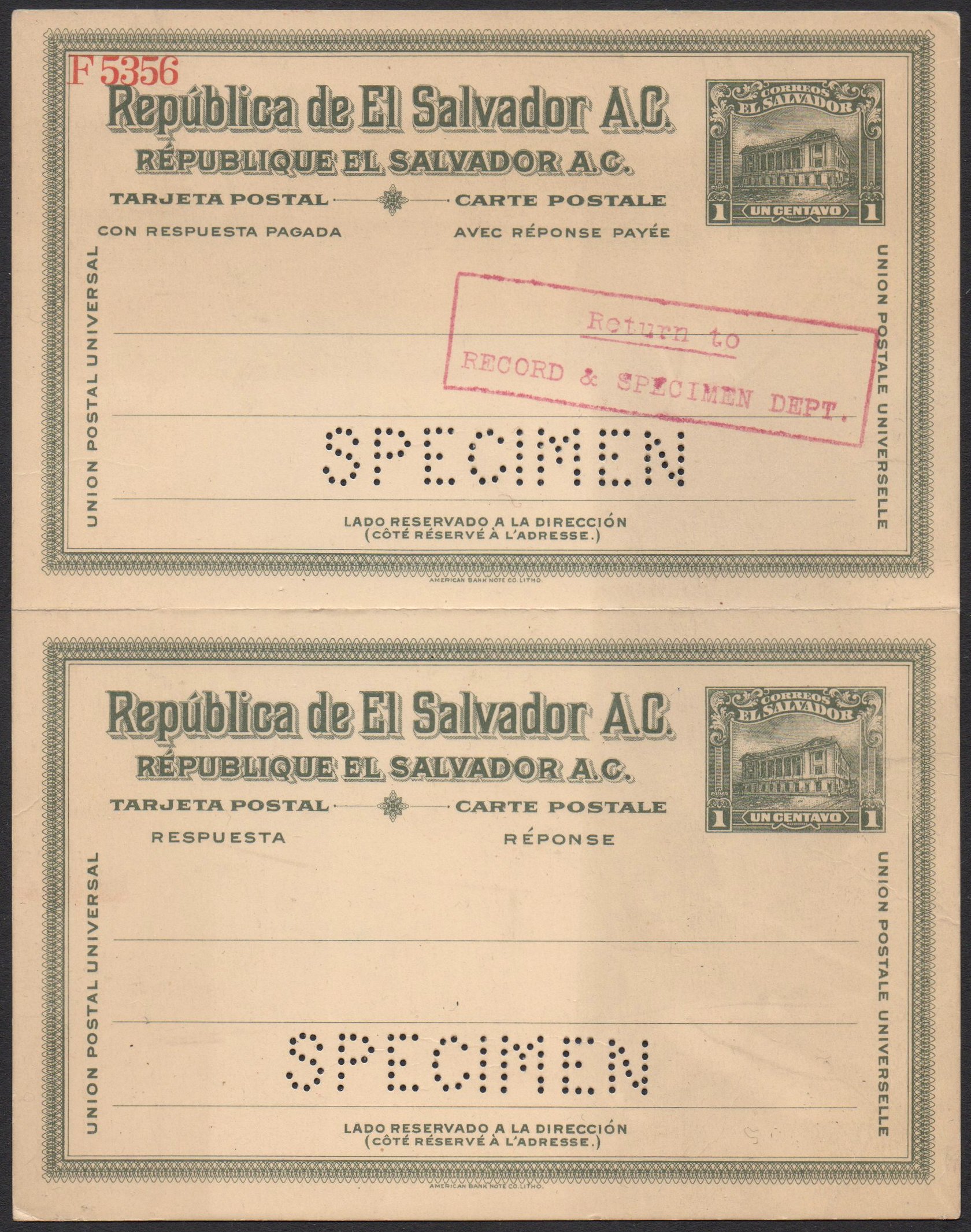 sellos timbres-poste Briefmarken stamps El Salvador 1c+1c Postal Stationery Card Ganzsache Entier Postal Tram Trolley Tranvia National Theatre teatro nacional 